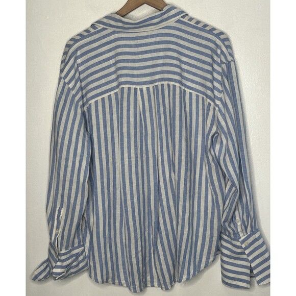 NWT H&M Button-Up Shirt Blue White Striped Large Long Sleeve Linen Blend Preppy - Picture 5 of 5